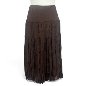 Sunny Leigh Tiered Midi Skirt Brown Elastic Waist Women Small Hippie Gypsy Boho
